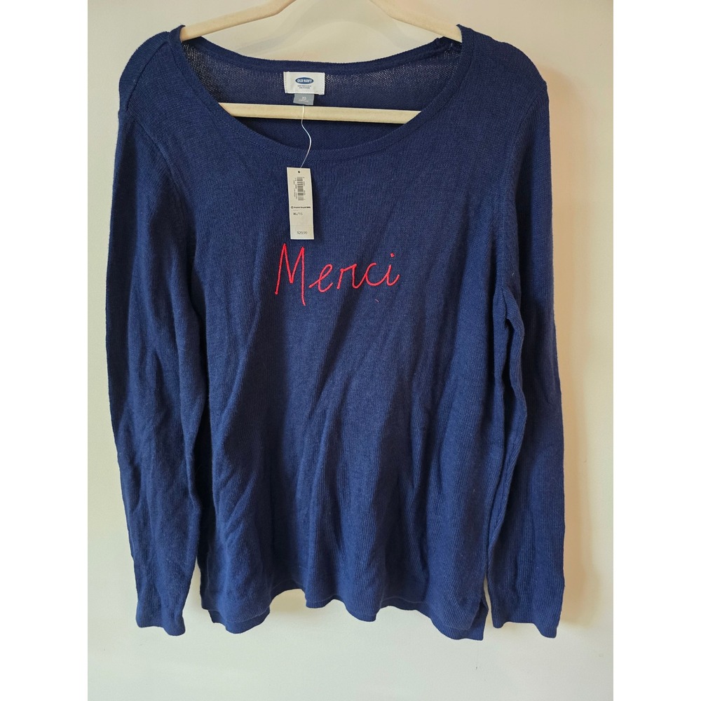 Old Navy Merci Graphic Sweater Navy Blue Red Embroidery XL NWT